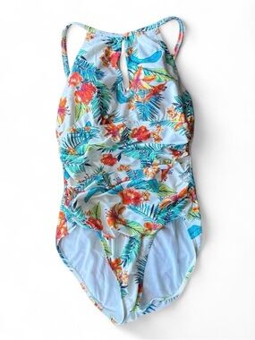 Ellen Tracy tropical floral ruched one piece swimsuit - high neck resort swim